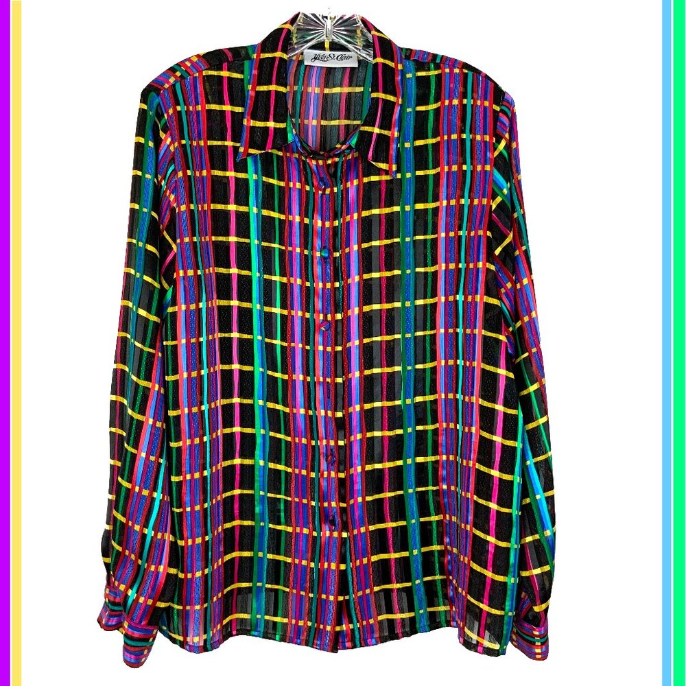 Vintage Yves St Clair Semi-Sheer Multicolor Striped Blouse Office Business Sz 14